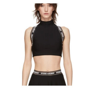 Opening Ceremony S Crop Tank Top Black White Spell Out Mockneck Mesh Back